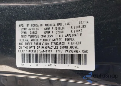 2014 Honda Accord Lx from USA, damaged, VIN 1HGCR2F37EA141313